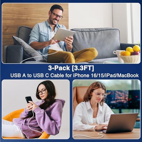 Car Carplay Cable USB to USB C Cable for iPhone 16 15 Pro Plus Pro Max，3-Pack 3.3FT USB A to USB C Cable for iPad Pro/Air/Mini，for Samsung S24/S23/S22/S21，for MacBook Pro/Air and More - Image 3