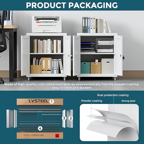 Large Printer Stand with Storage and Lock, 3D Heavy-Duty Printer Cabinet, Printer Table for Home Office with Doors and Adjustable Shelves, for Office Copier and Fax Machine, White - Image 3