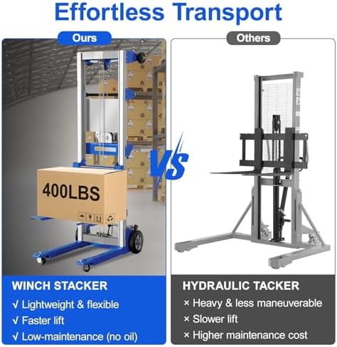2PCS Material Lift Winch Stacker, 3.54"-122" Height Range, 400 lbs Capacity, Hand Winch Lift Trucks for Warehouse, Factory, Library, 34.60" L x 24.80" W - Image 6