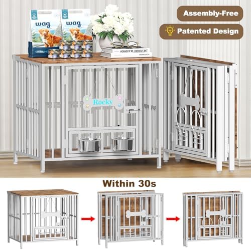 Easycom 27" Foldable Dog Crate Furniture, No Assembly, White & Beech - Image 2