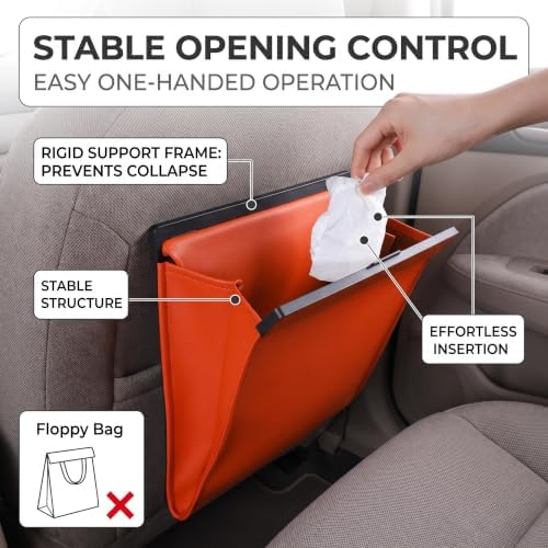 Magnetic Car Trash Can, Leakproof PU Leather Car Garbage Bin, Waterproof Vehicle Waste Basket, Foldable Multi‑Purpose Car Storage Organizer, Universal for Car Truck SUV Van (Orange) - Image 6