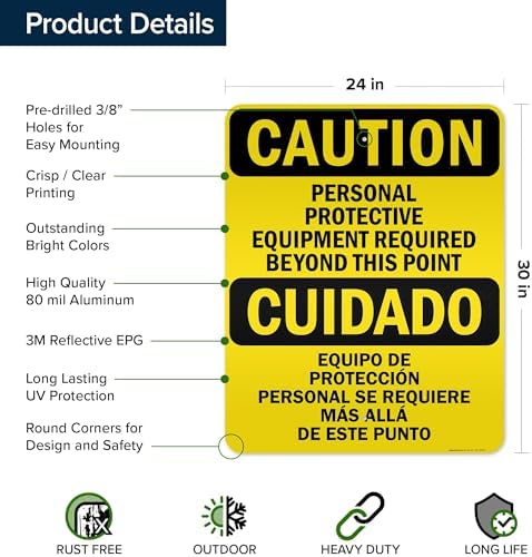 Caution Personal Protective Equipment Required Beyond This Point Bilingual Osha Sign, 24x30 Inches, 3M EGP Reflective .080 Aluminum, Fade Resistant, Made in USA by My Sign Center - Image 6