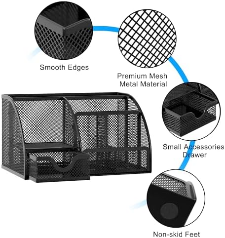 EasyPAG Mesh Desk Organizer with Drawer Multi-functional Pen Holder Stationery Organizer for Office School Supplies 6 Compartments Dorm Organizers and Storage for Desk, Black - Image 3