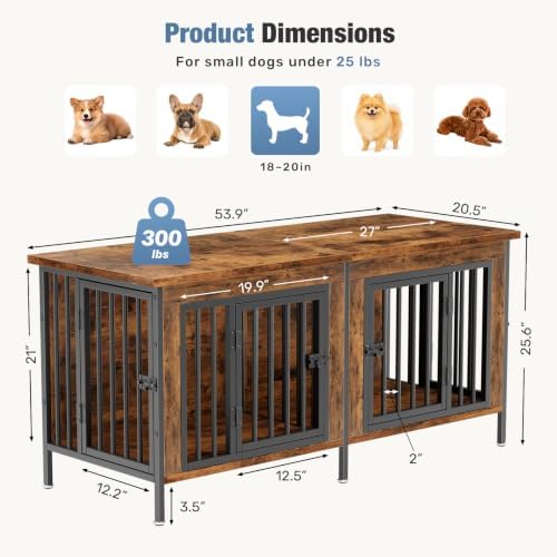 DUMOS 54" Dog Crate Furniture for 2 Dogs with Divider, Brown - Image 6