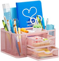 Marbrasse Mesh Desk Organizer, Pen Organizer with 2 Drawer, Multi-Functional Pencil Holder, Desk Organizers and Accessories with 5 Compartments + Drawer for Office Art Supplies (Pink) by Marbrasse