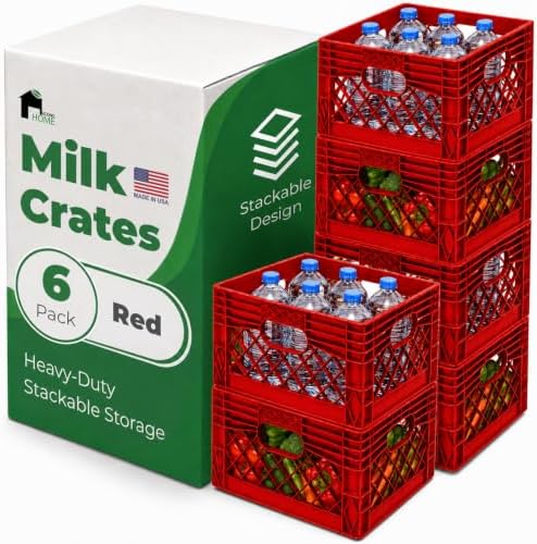 EconoHome Milk Crate - Stackable Storage Crate with Built-In Handles - Heavy Duty Plastic Material - Ventilated Organizer Bin for Garage, Pantry, Classroom, Office & Moving - Red, 13x13x11, 6-Pack by EconoHome