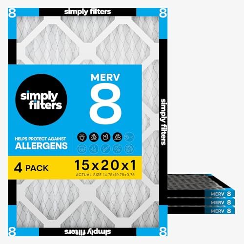 Simply 15x20x1 Air Filter, Merv 8, 4 Pack, For Home AC Furnace & HVAC (Actual Size: 14.75"x19.75"x0.75") DUST, Pet, & Allergy Control by SimplyFilters