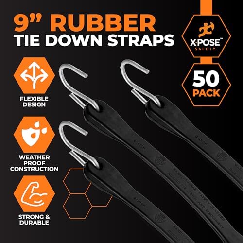 Rubber Bungee Cords with Hooks 50 Pack 9 Inch (14” Max Stretch) Heavy-Duty Black Tie Down Straps for Outdoor, Tarp Covers, Canvas Canopies, Motorcycle, and Cargo - by Xpose Safety - Image 3