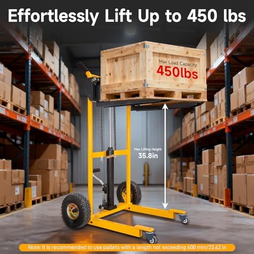 Foldable Hydraulic Material Lift Stacker, 450lbs 35.8" Max Lift, Portable Pallet Truck Dolly w/Swivel Casters, Adjustable Forks, Fork Lift Table Cart, Pallet Jacks & Trucks for Warehouse, Shop - Image 2