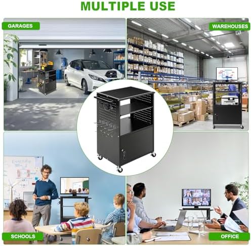 AV Cart, Computer Carts with Wheels and Power, Steel Cart with Locking Cabinet & Pullout Keyboard Tray, Projector Media Carts with Side Pegboard & 12 Hooks for School Office, Black - Image 6