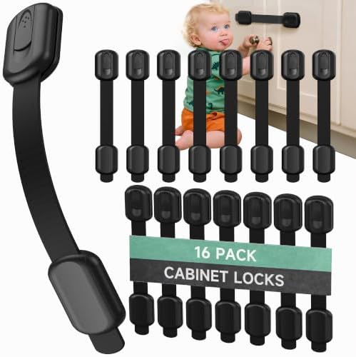Infinno 16 Pack Cabinet Locks Baby Proofing Heavy Duty - Child Safety Cabinet Locks for Drawers, Cupboards & Fridge – No Drill 3M Adhesive Locks for Pets - Toddler Safety Latches-Black by InfinnoHome