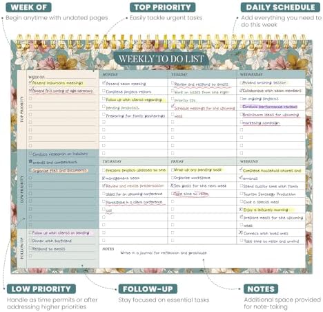 Weekly To Do List Notepad with 52 Undated Sheets（8.5"×11"）- Undated Weekly Planner Notepad for Office Desk Accessories and Supplies - Teal Petals - Image 2