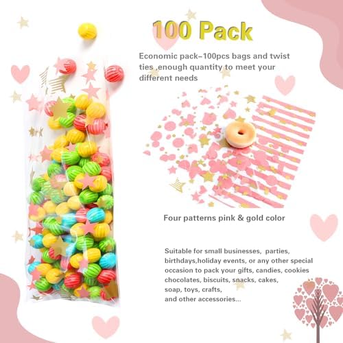 COQOFA 100 Pcs 5"X11" Cello Cellophane Treat Bags Party Favor bags Pink Candy Cookie Bags Clear Plastic Goodie Bags with Twist Ties for Gift,Baby Shower, Birthday, Wedding,Party - Image 3