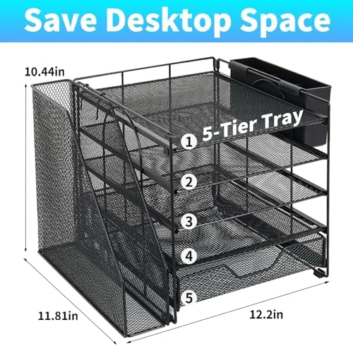5-Tier Desk File Organizer with Drawer & Pen Holder (Black) - Image 2