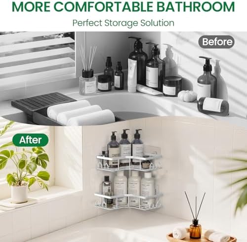 Adhesive Shower Caddy, 4 Pack Corner Bath Organizer, Rustproof Stainless Steel Shower Shelves with Large Capacity, No Drilling Shelves for Bathroom Storage, Home, Kitchen Décor (White). - Image 7
