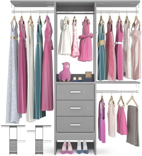 Besiost 4FT Small Closet System with 3 Fabric Drawers, 48'' Closet Organizer System With 3 Adjustable Shelves, Flexible Built-In Clothes Garment Rack for Small Space, 48" L x 13" W x 71" H, Grey by Besiost