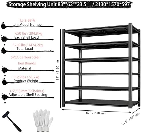 5-Tier Heavy Duty Garage Shelving, 3,250 lbs Capacity Adjustable Metal Storage Shelving Unit for Garage, Basement, Warehouse and Workshop, 62" W x 23.5" D x 83" H - Image 3