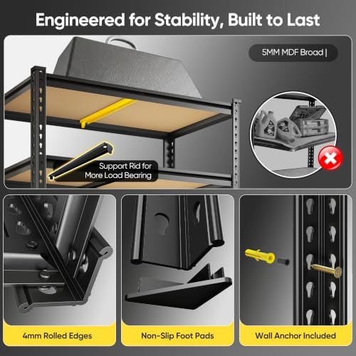 REIBII Garage Shelving, 5-Tier Storage Shelves Load 2025LBS, Adjustable Storage Rack for Garage, Pantry, Closet, Steel Frame, 28.1" W x 60" H x 12.1" D, Black, 2PC - Image 7