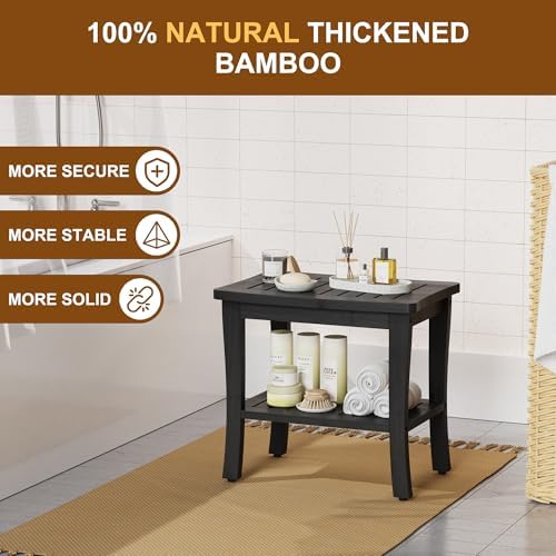 Extra Bamboo Black Shower Bench Stool Waterproof Shower Chair Spa Bath Seat Extra Big Best Hardwood Bathroom Gadgets Seat Father Day Dad Parents Stepdad Christmas Xmas Happy Birthday Gifts Ideal - Image 3