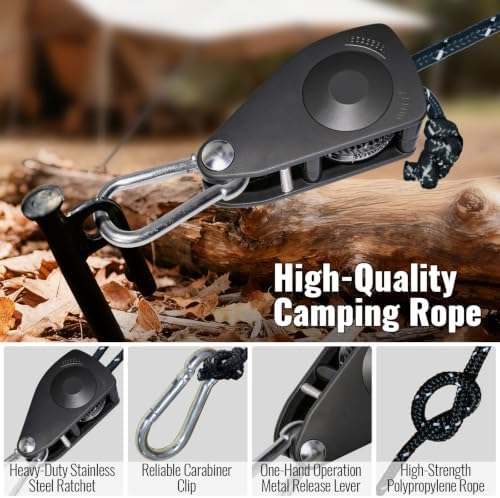 2Pack 6mm Reflective Guy Lines, Heavy‑Duty Tent Rope Tie Down Rope Line, Ultralight Camping Rope with Ratchet Pulley & 2 Metal Buckles, Aluminum Adjuster for Tarp Canopy Kayak Outdoor Camping, 16.5ft - Image 6