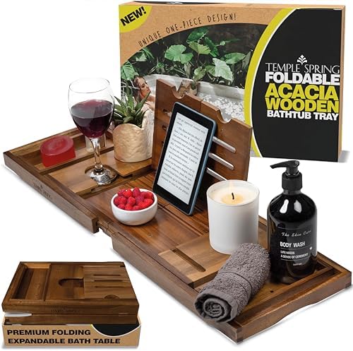 Temple Spring Foldable Bathtub Tray, Unique Design Selfcare Bathroom Caddy, Acacia Spa Bathroom Tray, Wooden Bathtub Accessories, Wedding Gift/Birthday Gift/New Home Bath Table – Not Teak by TempleSpring%7CRelaxRefreshRecharge