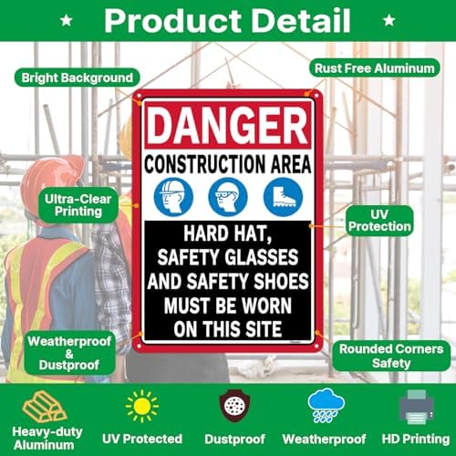 2 Pack Danger Construction Area Hard Hat Safety Glasses and Safety Shoes Must Be Worn On This Site Signs 14” x 10” Rust-Free Aluminum Easy to Install - Image 3