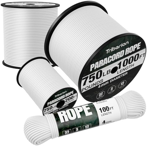 Paracord Rope 750 lb - 200ft 5/32" Parachute Cord 4MM 12-Strand para Cord - Heavy Duty Spool String for Survival,Camping Gear, Survival Bracelet, Clothesline - White by Triberion