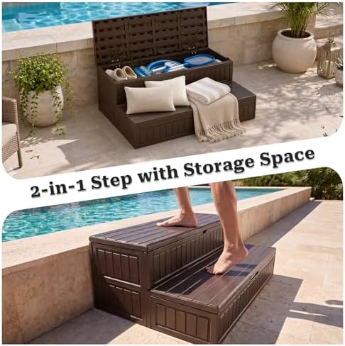 Garturects Hot Tub Steps with Storage, Hot Tub Steps Outdoor, Sturdy Plastic Storage Spa Steps with Anti-Slip Treads for Porch, RV, Deck(Brown) - Image 3