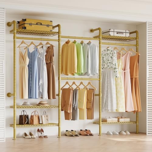 Higeego W3 Wall Mounted Clothes Rack, Industrial Pipe Clothing Rack, Gold by Higeego