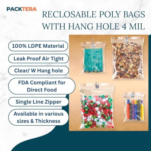 6" X 9" Reclosable Zipper Plastic Poly Bags With Hang Hole 4 Mil LDPE (Pack of 150) Clear Sealable With Resealable Lock Zip Storage Bags for Food Jewelry Crafts Packaging - Image 3