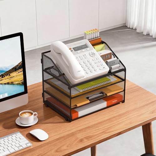 DocNest 4 Tier Metal Mesh Desk File Organizer with Phone Shelf, Black - Image 7