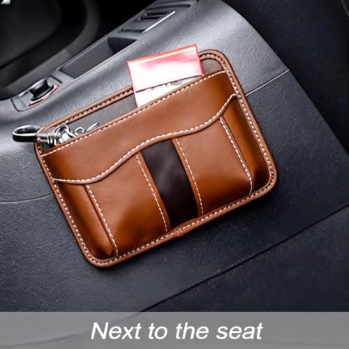 Car Seat Side Organizer, PU Leather Vehicle Storage Pocket, Universal Gap Filler for Auto Console Door Phone Document Sundries Organizer (Brown) - Image 4