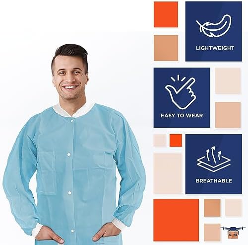 EZGOODZ Disposable Lab Coats for Adults, 2X-Large Sky Blue, 45 GSM Polypropylene, Unisex Lab Coat with Snap Front, Knit Cuffs and Collar, 3 Pockets, Pack of 50 - Image 4