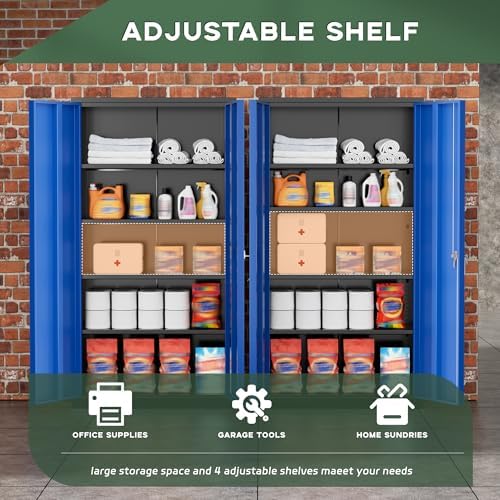 Greenvelly Metal Garage Storage Cabinet, 72" Black Blue Tool Steel Locking Cabinet with Doors and 4 Shelves, Tall Cabinets for Garage Storage Systems Lockable File Cabinet for Home Office,Garage - Image 4