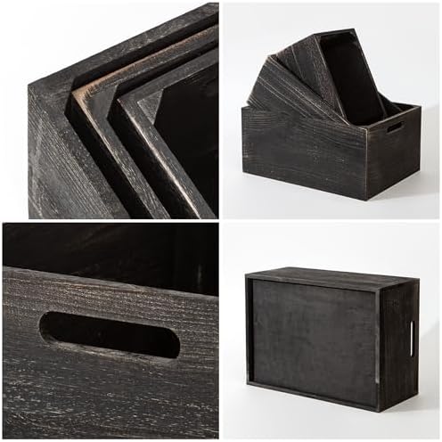 Set of 3 Rustic Black Wooden Nesting Crates, 15.4x11x7 Inch Large Farmhouse Wood Storage Crates with Cutout Handles, Stackable Decorative Wood Storage Bins for Home Decor Wedding Display - Image 3