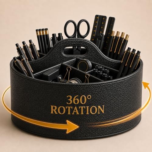 Aesthetic PU Leather Rotating Desk Storage Organizer, Black by Unknown