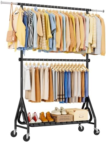 Heavy Duty Clothes Rack for Hanging Clothes, Double Rods Clothing Rack with Lockable Wheels, Rolling Garment Racks with Shelf, Easy to Assemble, Black by JIEJIERUI
