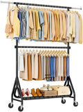 Heavy Duty Clothes Rack for Hanging Clothes, Double Rods Clothing Rack with Lockable Wheels, Rolling Garment Racks with Shelf, Easy to Assemble, Black by JIEJIERUI