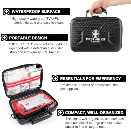 Gevoke 410 Piece Waterproof Hard Shell First Aid Kit, Black - Image 3