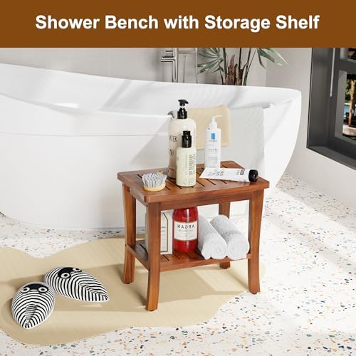 Teak Wood Shower Bench Stool with Storage Shelf, Wooden Waterproof Bathroom Spa Bathing Teak Shower Stool with Non-Slip Feet Gadget 2024 for Indoor or Outdoor Shower Chair Seat Organizer - Image 2