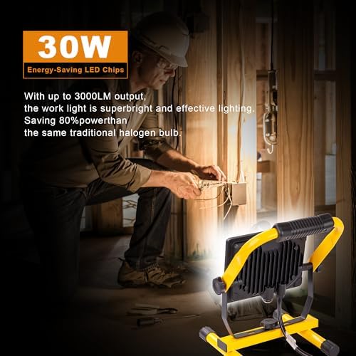 30W LED Work Light, 5000LM Portable Flood Lights, 6ft Cord with Plug & Switch IP66 Waterproof,5000K,Adjustable Working Lights for Workshop, Garage, Construction Site - Image 2