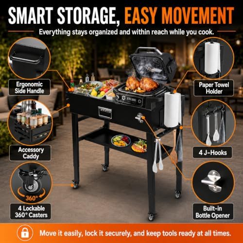 Adjustable Height 28"and 34" Portable Outdoor Grill Table for Blackstone Griddle Stand, Folding Grill Cart with 4 Lockable Caster Wheels for Blackstone 17"/22" Griddle, Ooni Pizza Oven, Ninja, Weber - Image 4