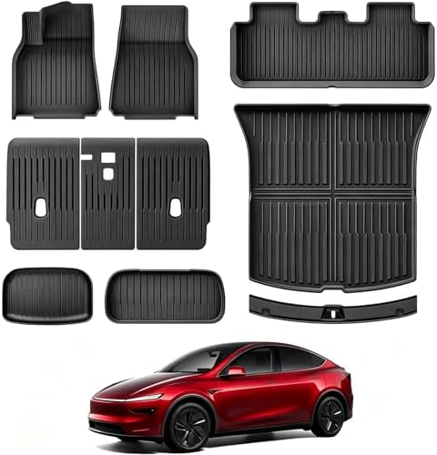 All-Weather Floor Mats Compatible with Tesla Model Y Juniper 2025 2026 (Not for Standard),TPE Set with Trunk Sill Protector & Rear Seat Back Cover, Custom Fit for 5-Seater(8PCS) by AbvesiAutomotiveParts