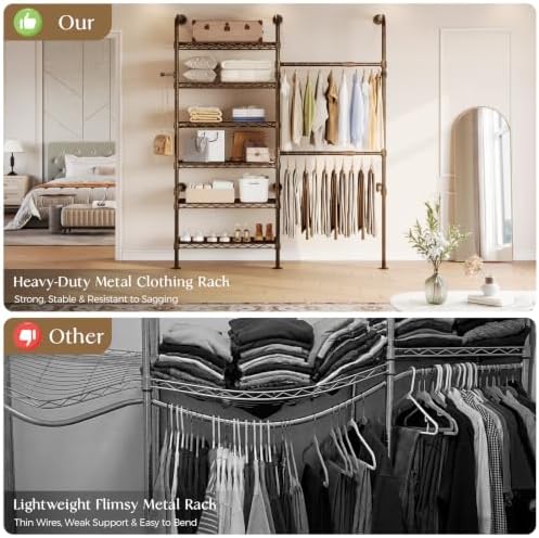 Closet Organizers Wall Mounted Closet System, 2-Row Heavy Duty Garment Clothes Rack, Industrial Pipe Clothing Rack with 2 Telescopic Rods, 3 Hooks & 6 Shelves for Bedroom, Wardrobe, Black and Gold - Image 4
