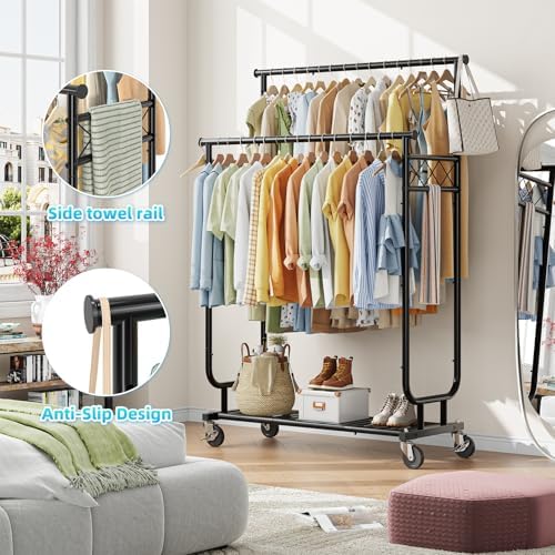 Ekisemio Heavy Duty Clothes Rack, Rolling Clothing Rack With Shelves Load 450 LBS, Double Rod Clothing Racks with Wheels for Hanging Clothes, Black - Image 5