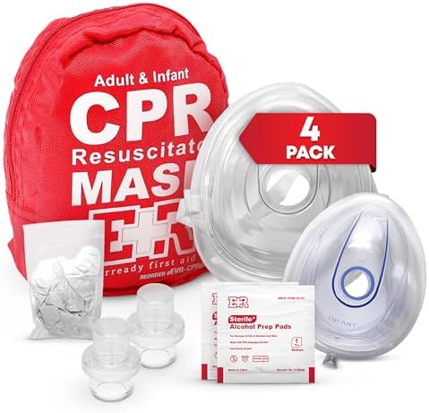 Adult and Infant CPR Mask Combo Kit – 4-Pack – 8 Valves, 4 Gloves, 8 Alcohol Pads – Latex-Free, Portable Pouch for First Responders by EverReadyFirstAid