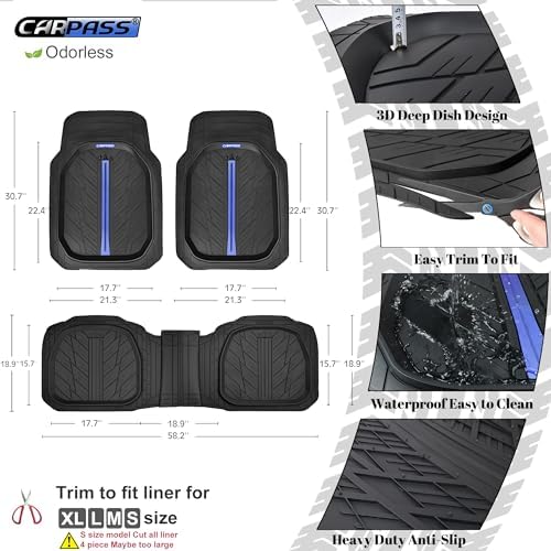 CAR PASS Tire Tread DeepDish Rubber Floor Mats for car Heavy Duty car mats All Weather, Universal XL~M Trim to Fit for Truck SUV Vehicle Automotive, Waterproof car mats 3 Piece(Blue Black) - Image 2