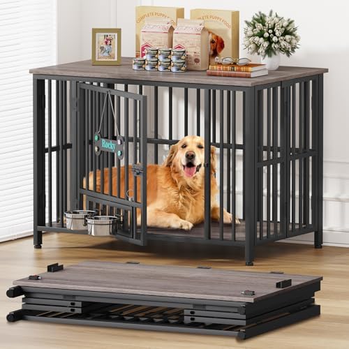 Easycom 41" Dog Crate Furniture Foldable, No Assembly Decorative Dog Kennel Indoor, Dog Crates for Large Dogs(35-60 lb), Wooden Dog Cage with Adjustable Bowls and Name Tag, End Table, Oak Grey by EasyCom