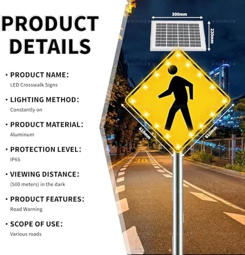 24x24in Solar Pedestrian Crossing Sign Flashing LED Highlight Road Traffic Blinking Street Warning Sign, Aluminum IP65 Weatherproof Crosswalk Signs for Park School Urban 24inches - Image 3
