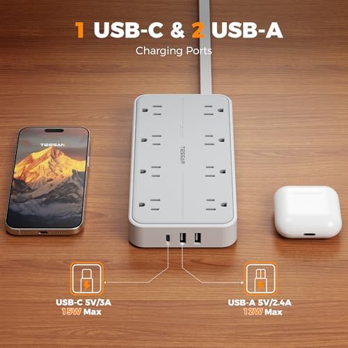 TESSAN Extension Cord with 1080 Joules Surge Protection, 6 Ft, Grey - Image 4